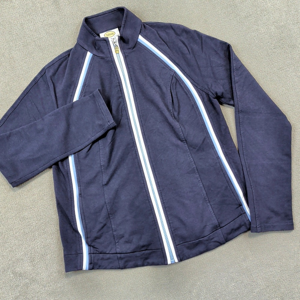 Talbots Track Jacket Womens Medium Navy Blue Full Zip Striped Athletic Cotton